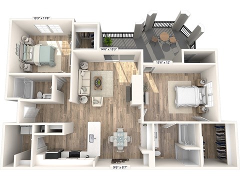 Floor plan for 2 beds, 2 baths, 1192 sqft